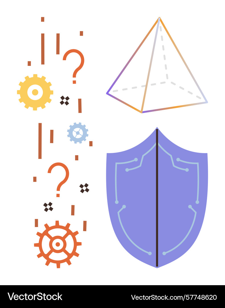 Geometric shield with gears pyramid and problem Vector Image