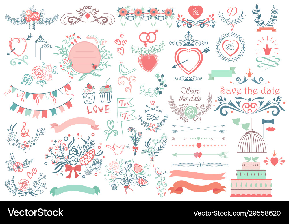 Rustic Wedding Wreath & Ribbon Collection Vector Image