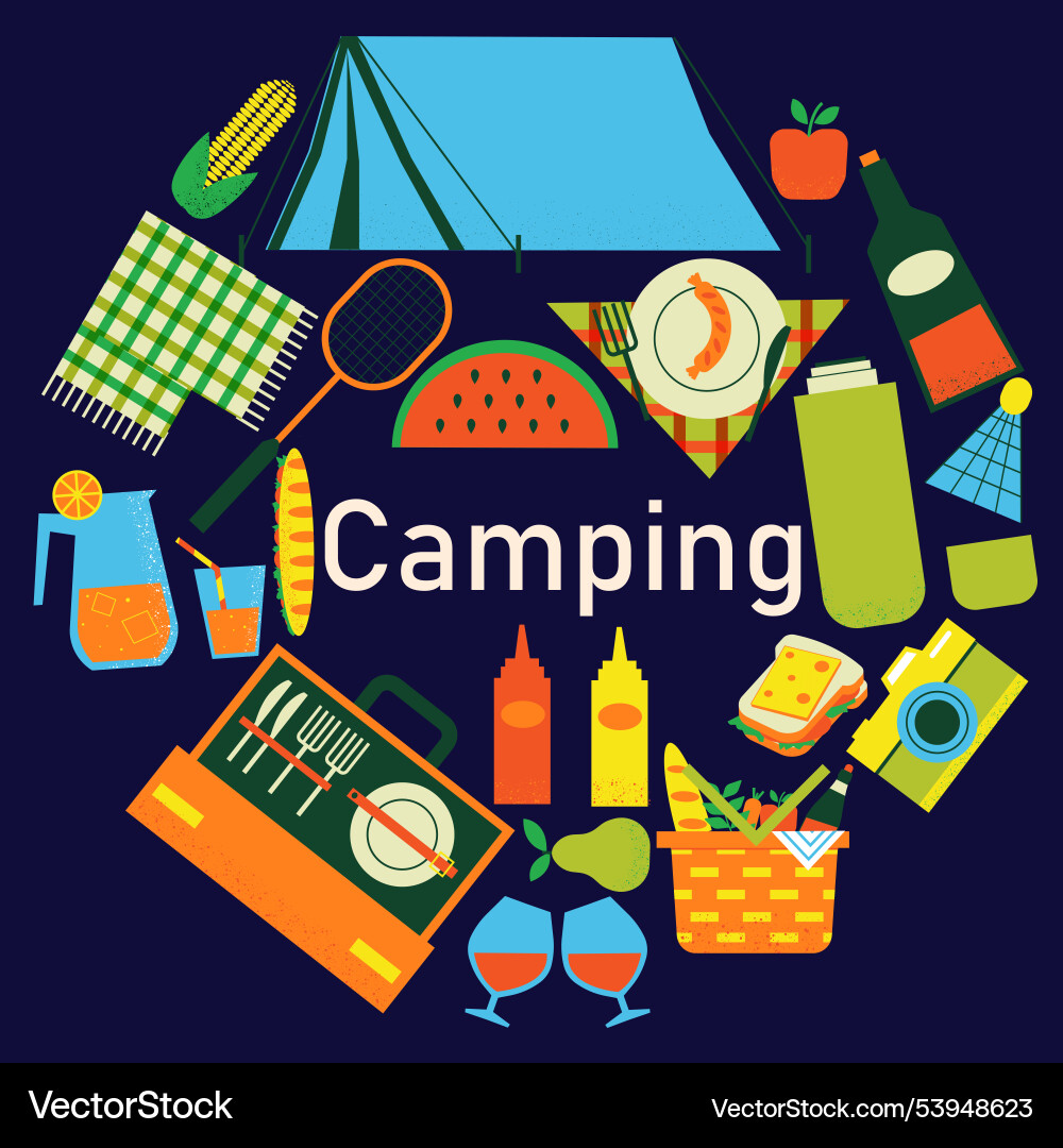 Camping frame different elements in circle form Camping frame different elements in circle form Vector Image
