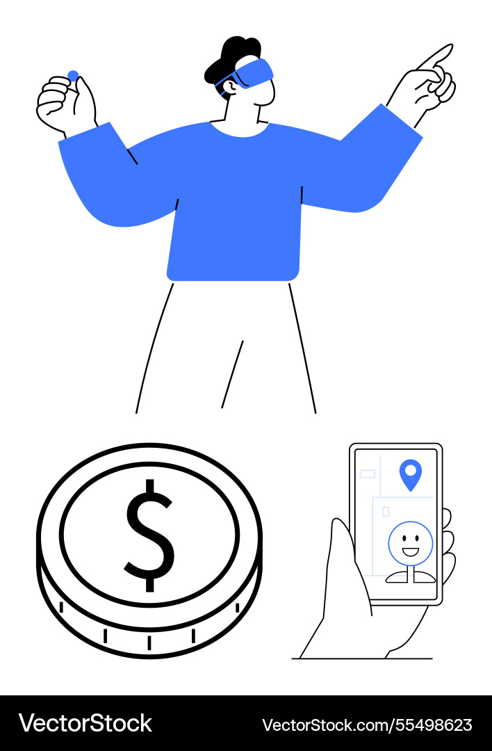 Man using augmented reality with coin and mobile Man using augmented reality with coin and mobile vector image