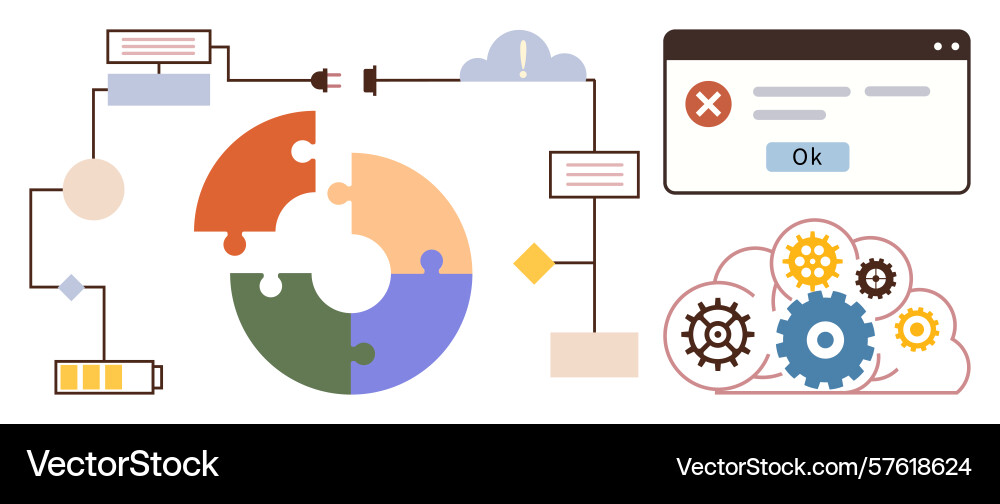 Process workflow with gears flowchart and error Process workflow with gears flowchart and error vector image