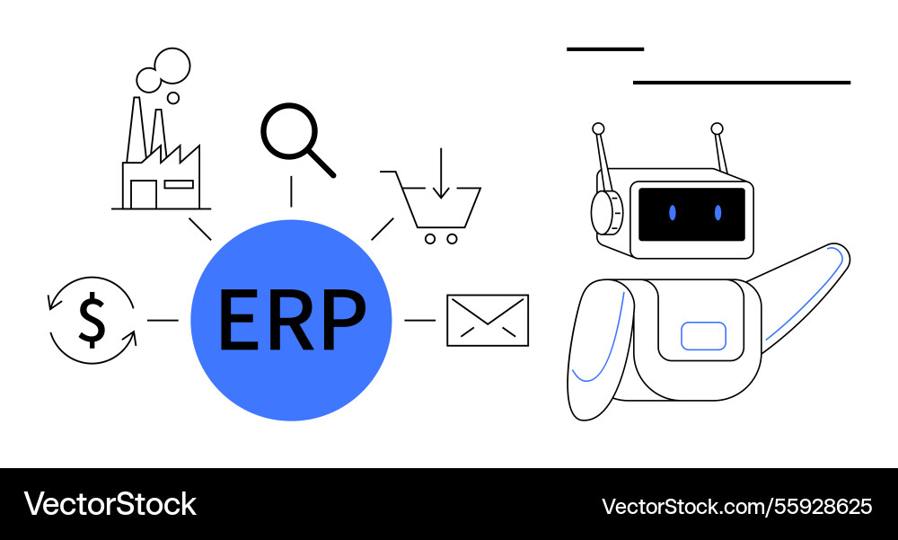 Erp system diagram with robot assistant Erp system diagram with robot assistant Vector Image