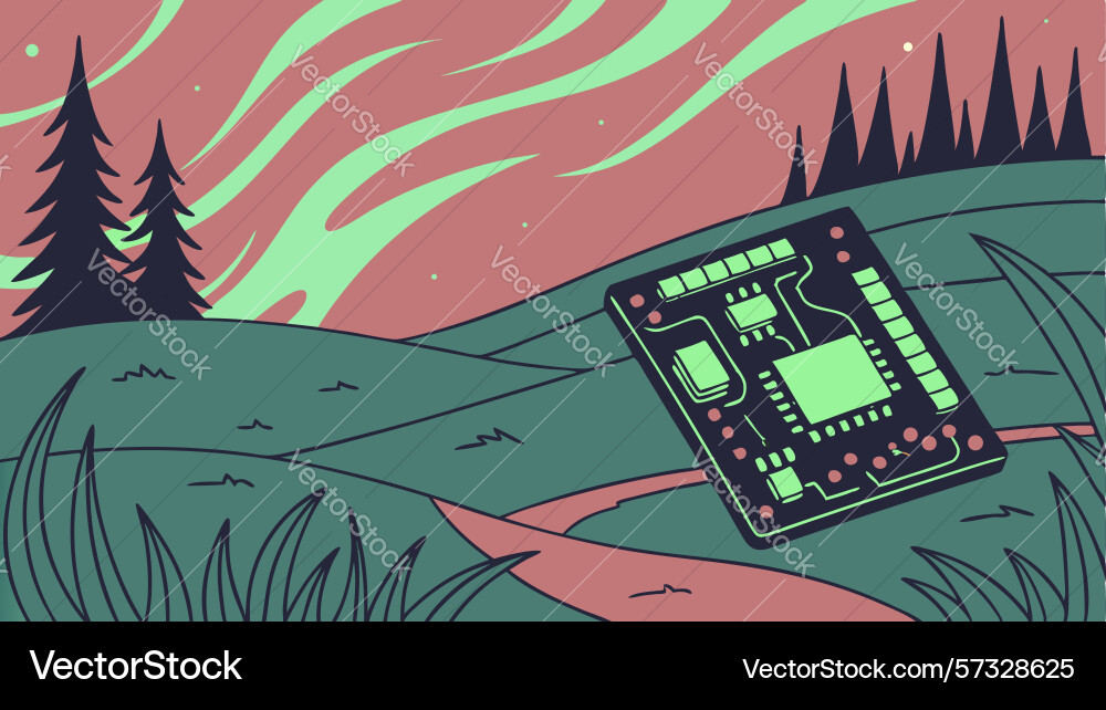 Microchip on forest floor blending tech design vector image
