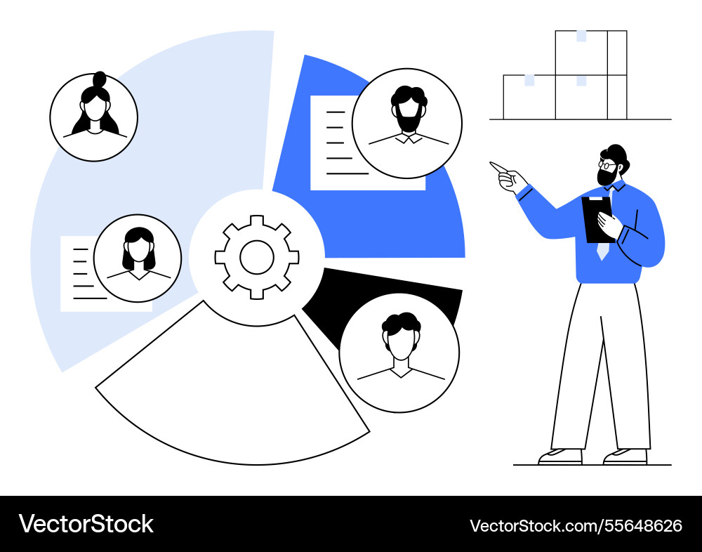 Manager presenting team analysis with gear and pie Vector Image