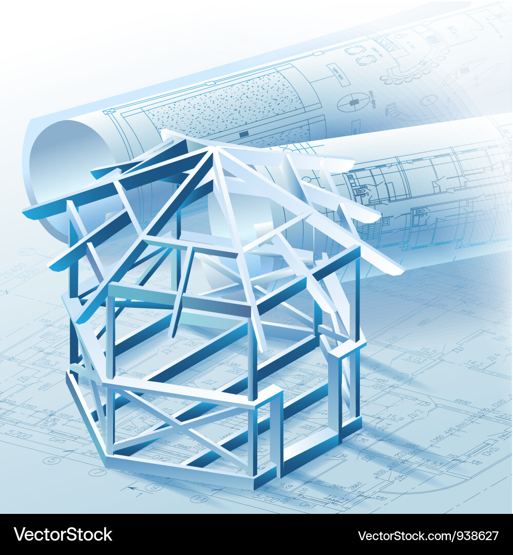Architectural Blueprint with 3D Model Vector Image