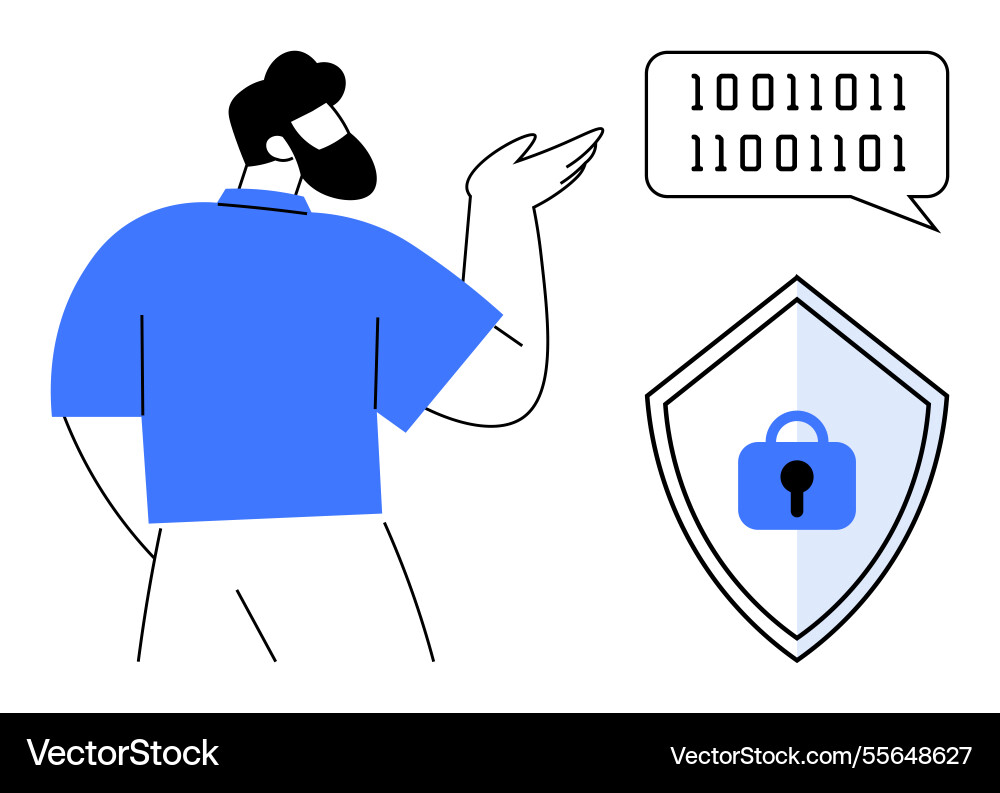 Mann diskutieren Cyber-Sicherheit mit binären Code Mann diskutieren Cyber-Sicherheit mit binären Code vektorbild