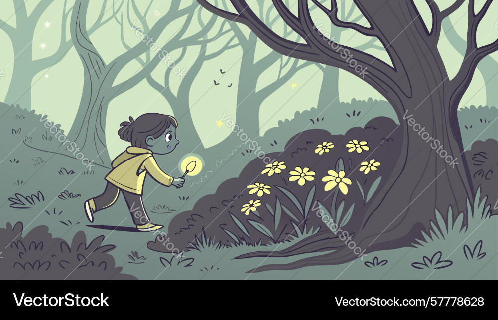 Child exploring a dark forest with mysterious Vector Image