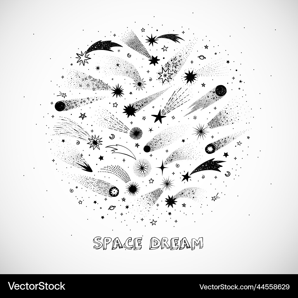 Doodle space and shooting stars in circle on white Doodle space and shooting stars in circle on white vector image