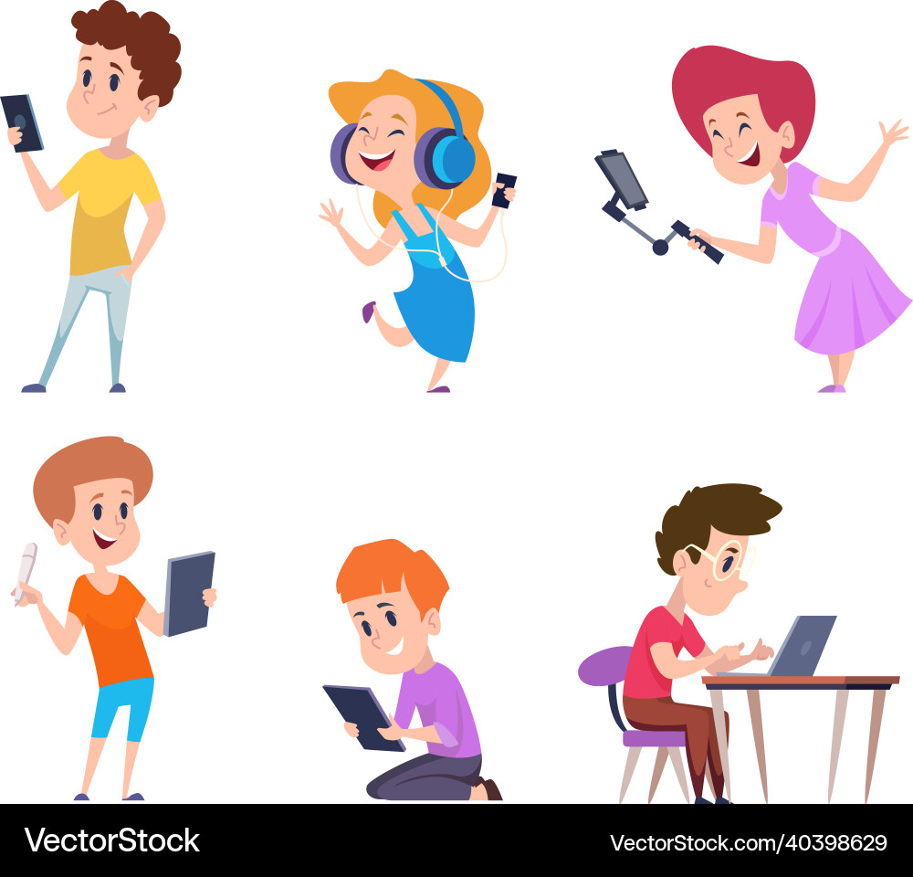 Kids with gadgets little persons holding Kids with gadgets little persons holding Vector Image