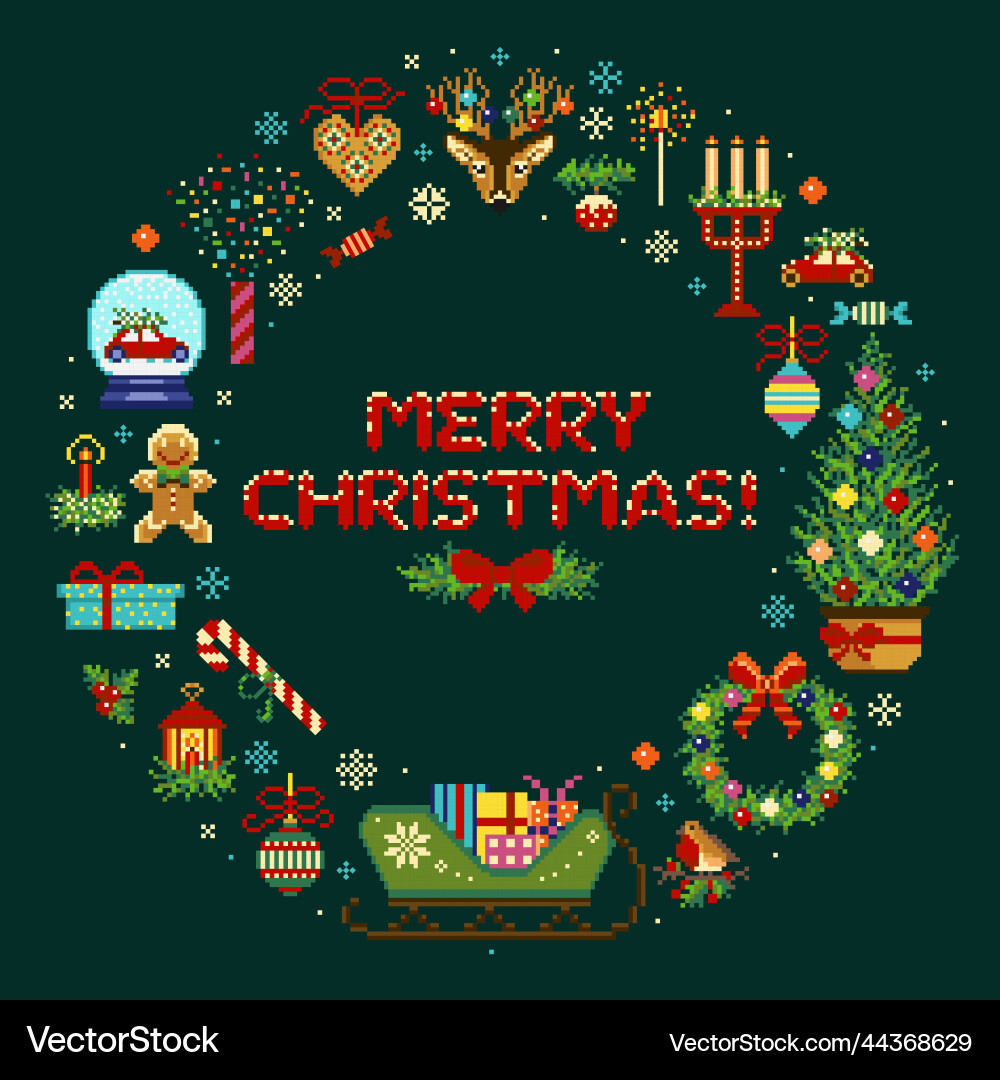 Pixel art merry christmas vintage circle print Pixel art merry christmas vintage circle print vector image