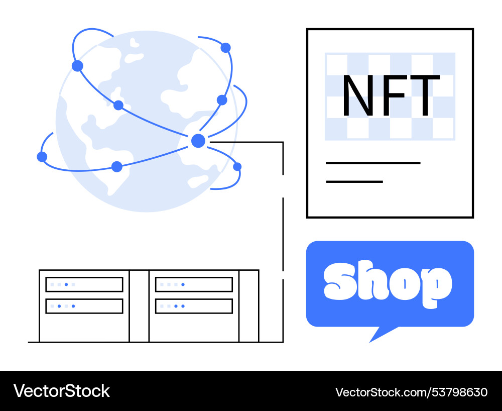 Global network and nft shop concept with server vector image