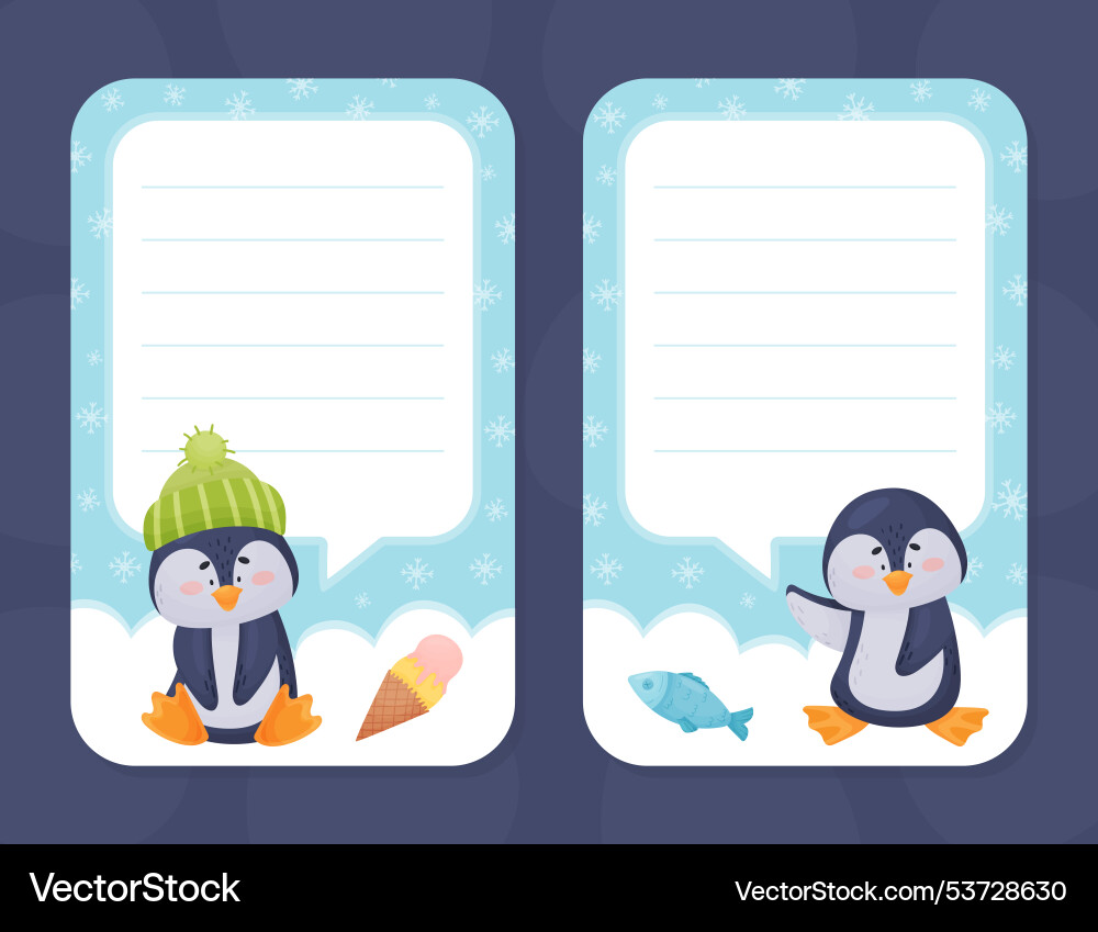 Note card with cute penguin character Note card with cute penguin character Vector Image
