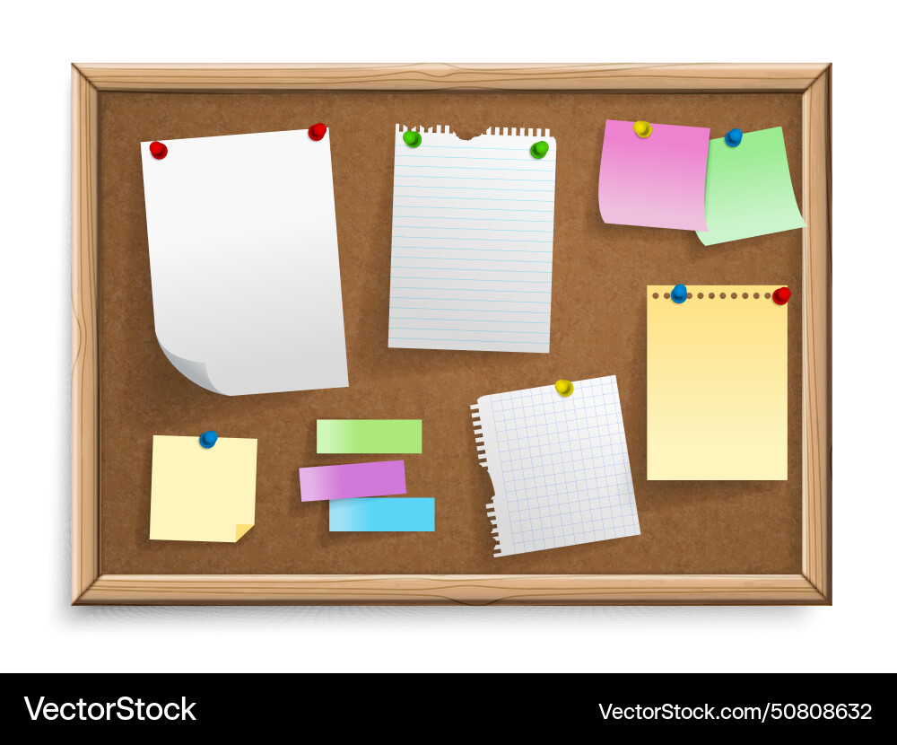 Cork board with pinned sheets Vector Image