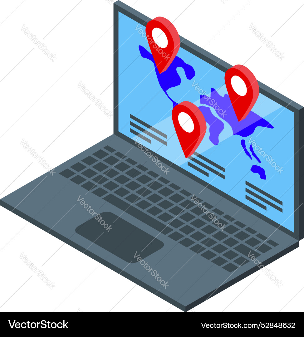 Laptop showing world map with location pins Laptop showing world map with location pins Vector Image
