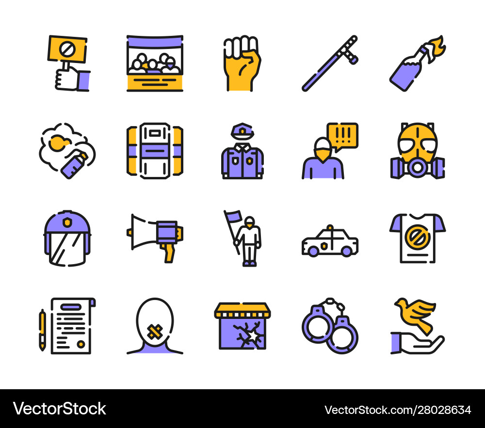 Protests items color linear icons set Protests items color linear icons set vector image