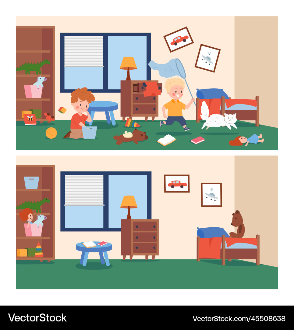 Messy And Clean Kids Nursery Or Bedroom Cartoon Vector Image messy-and-clean-kids-nursery-or-bedroom-cartoon-vector-image