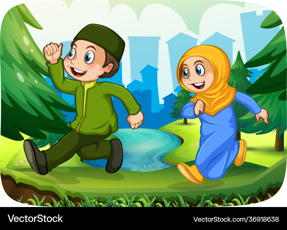 muslimische Schwester und Bruder Cartoon Charakter Muslimische Schwester und Bruder Cartoon Charakter vektorbild