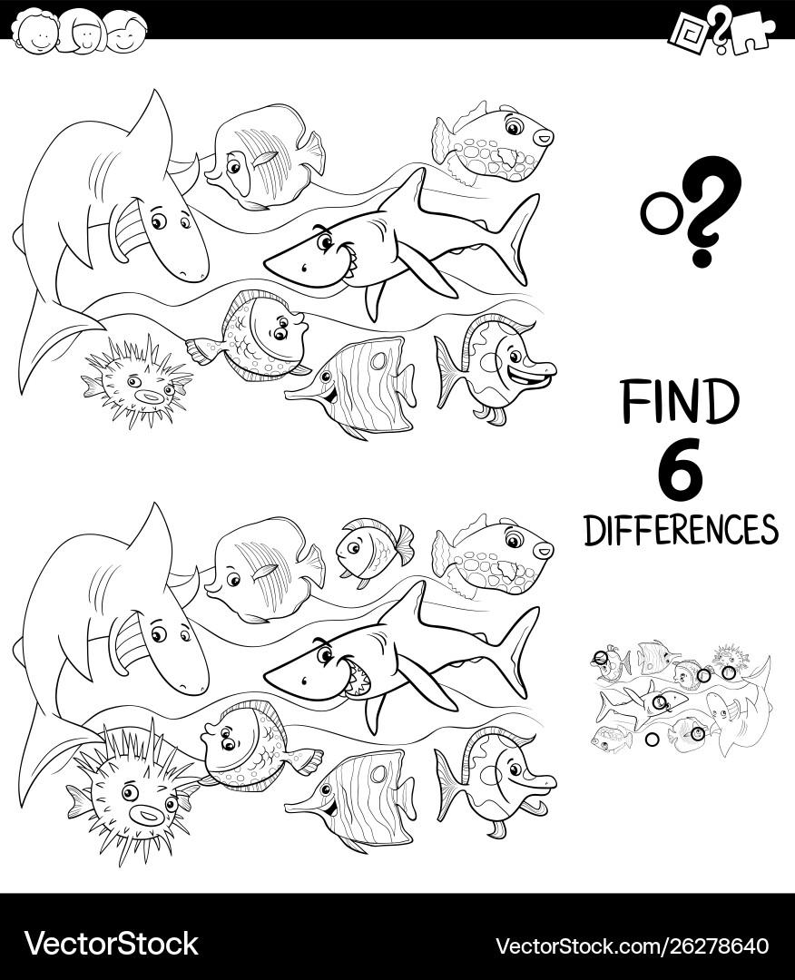 Differences color book with happy fish characters Differences color book with happy fish characters vector image