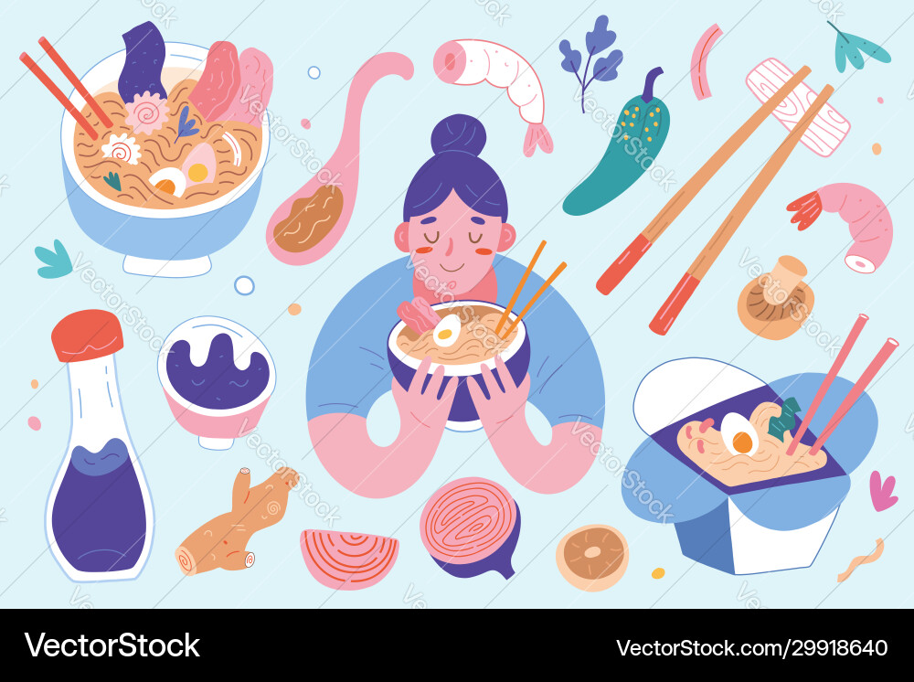 Ramen collection bowls and chopsticks Vector Image