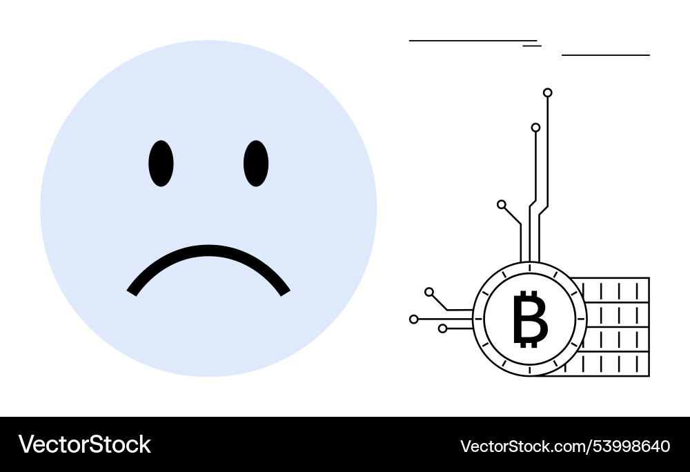 Sad face emoticon with blockchain bitcoin symbol vector image