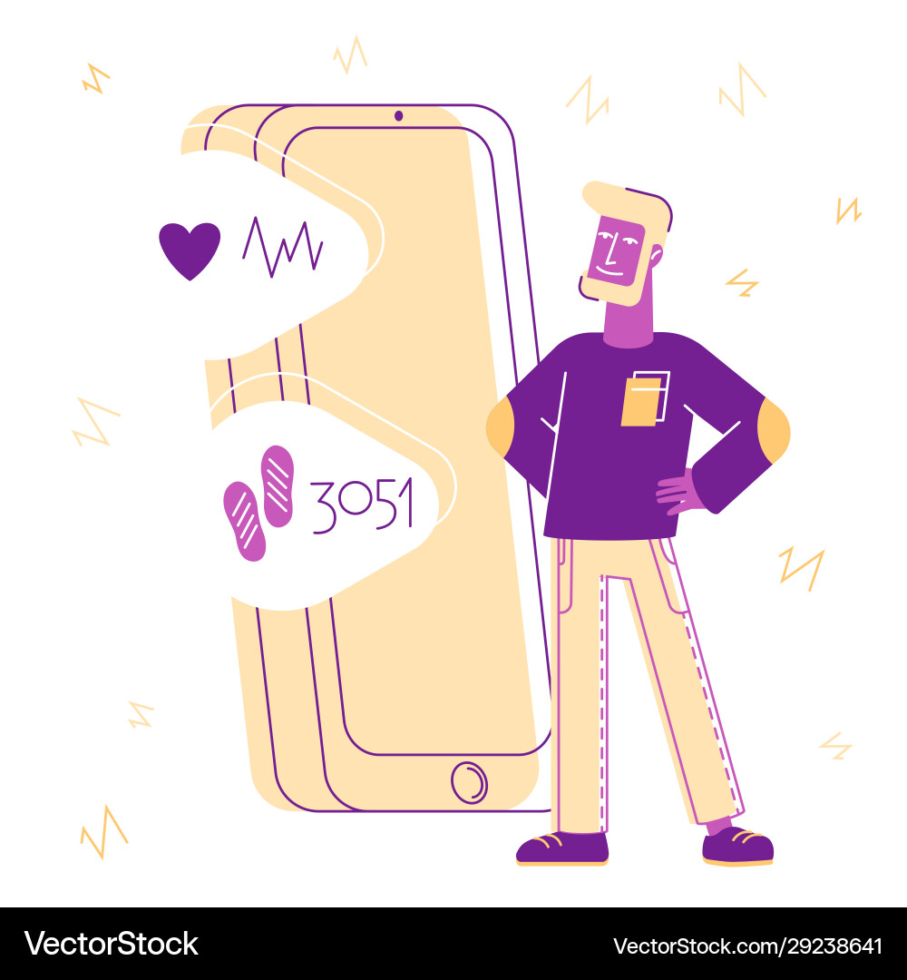 Man using smartphone application to count steps Man using smartphone application to count steps Vector Image