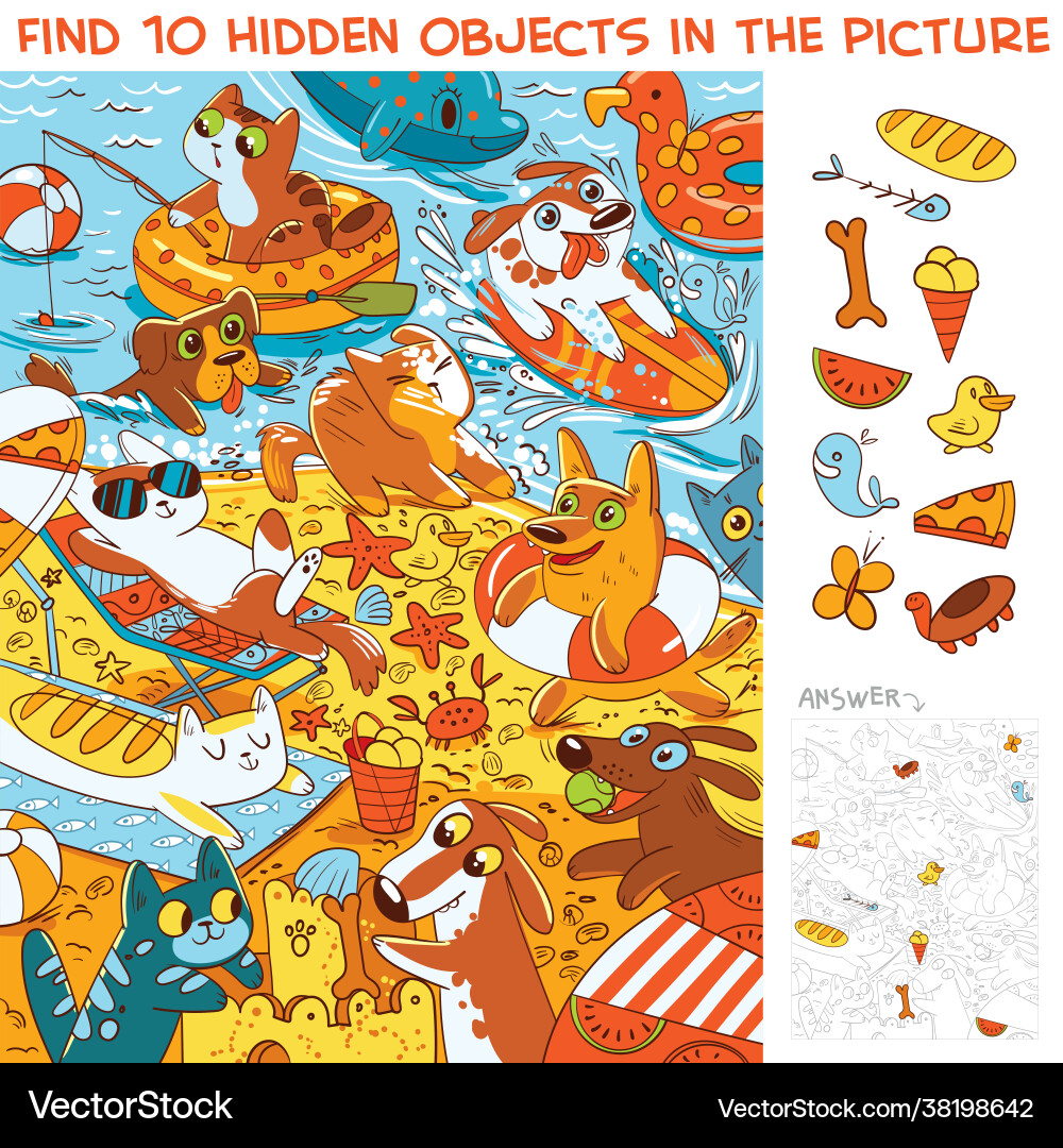 Pets on beach find 10 hidden objects Royalty Free Vector