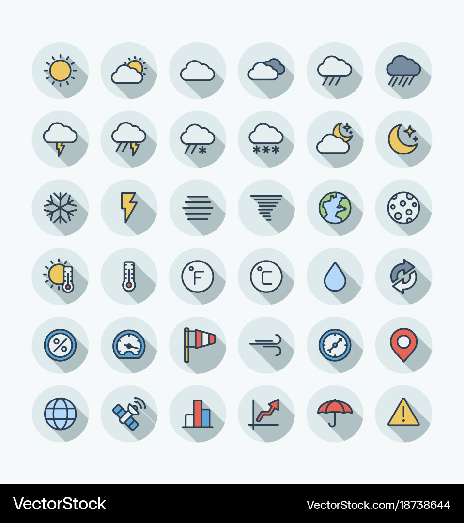 Flat color thin line icons set with weather vector image