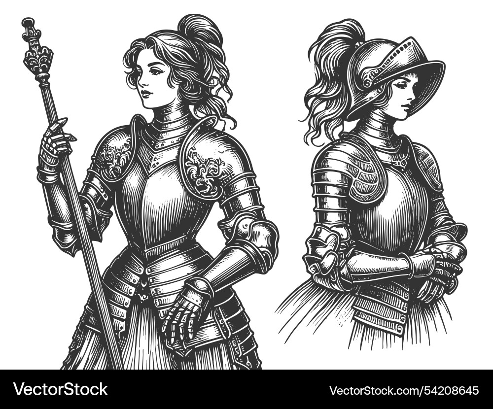 Medieval female knight in armor engraving – Royalty-Free Vector |  VectorStock, image size:1000x830