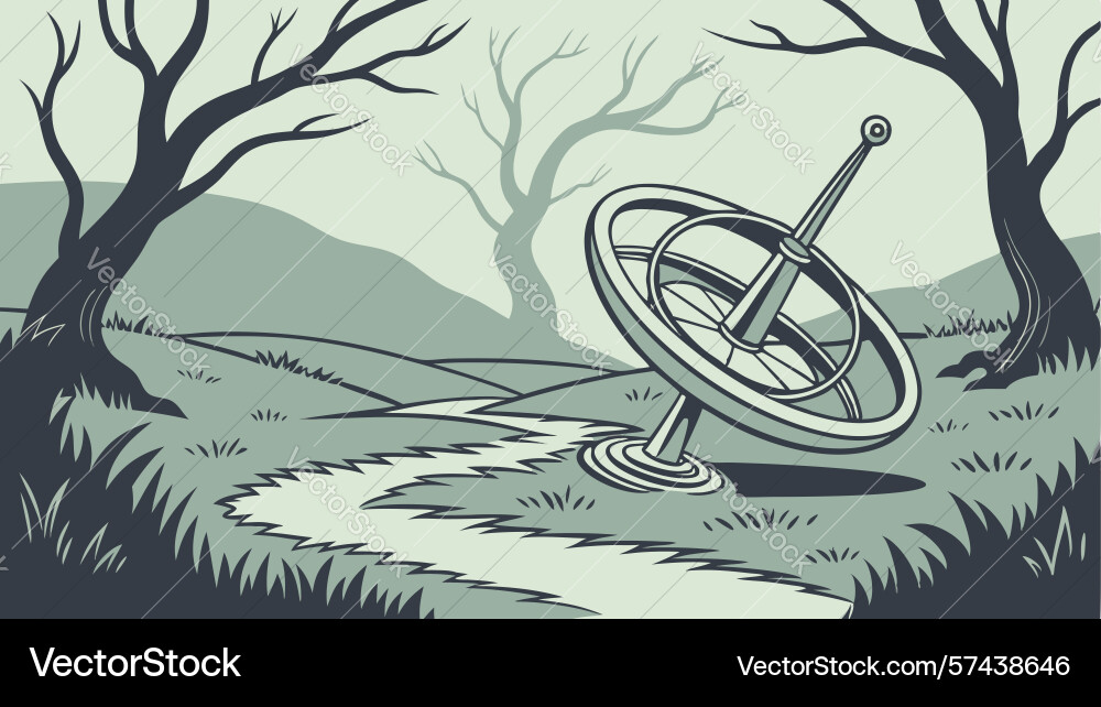 Ancient gyroscope on a winding forest path vector image