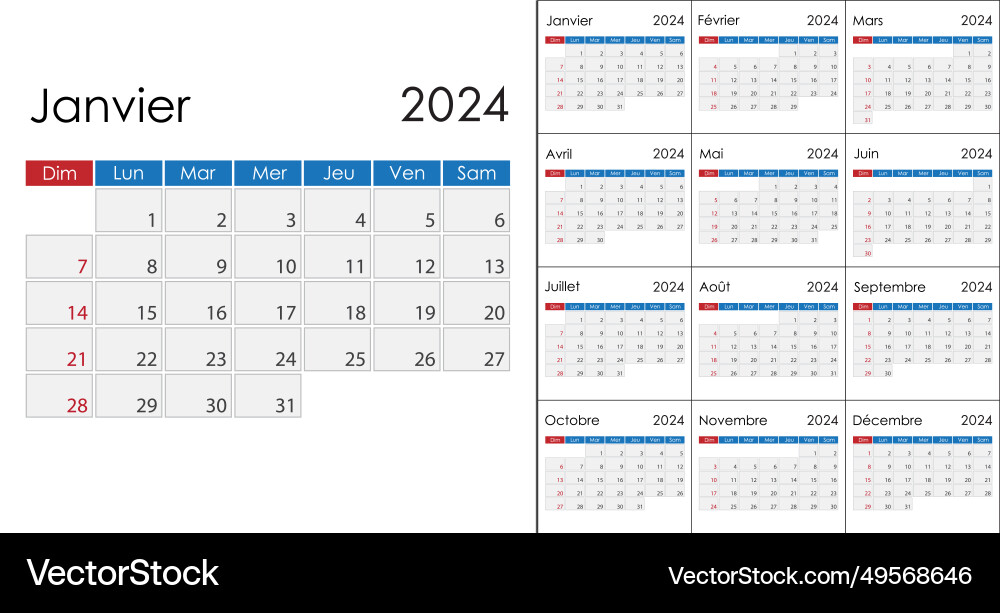 Calendar 2024 on french language week start Calendar 2024 on french language week start vector image