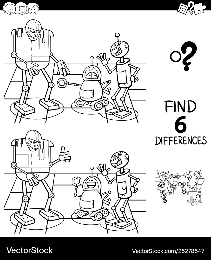 Differences color book with robot characters Differences color book with robot characters vector image