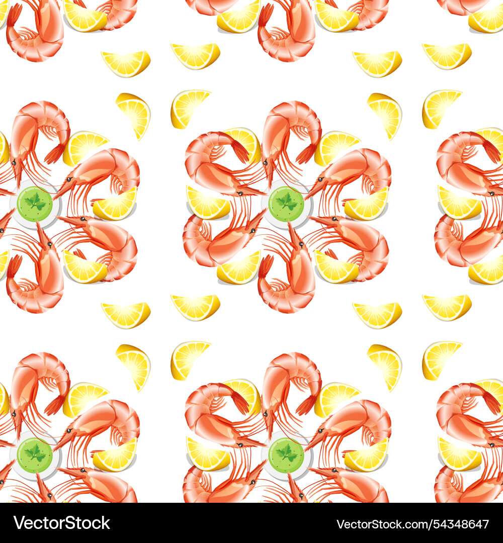 Vibrant shrimp and lemon slices in a repeating Vector Image