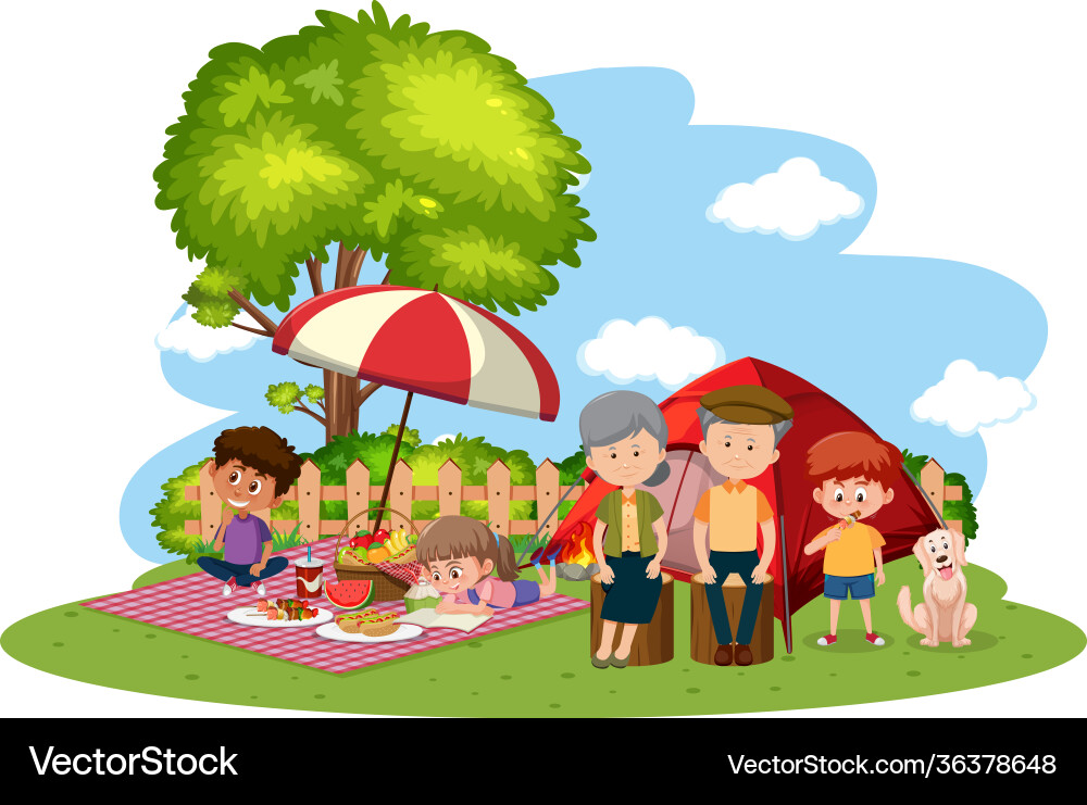 Happy family camping in garden Happy family camping in garden vector image