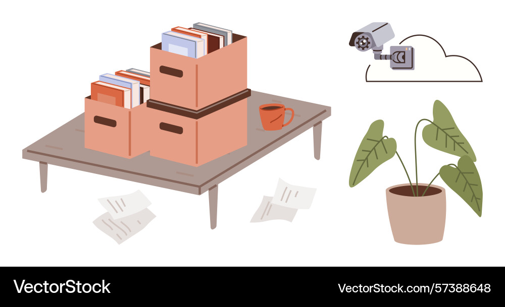 Office setup with storage boxes security camera Office setup with storage boxes security camera vector image