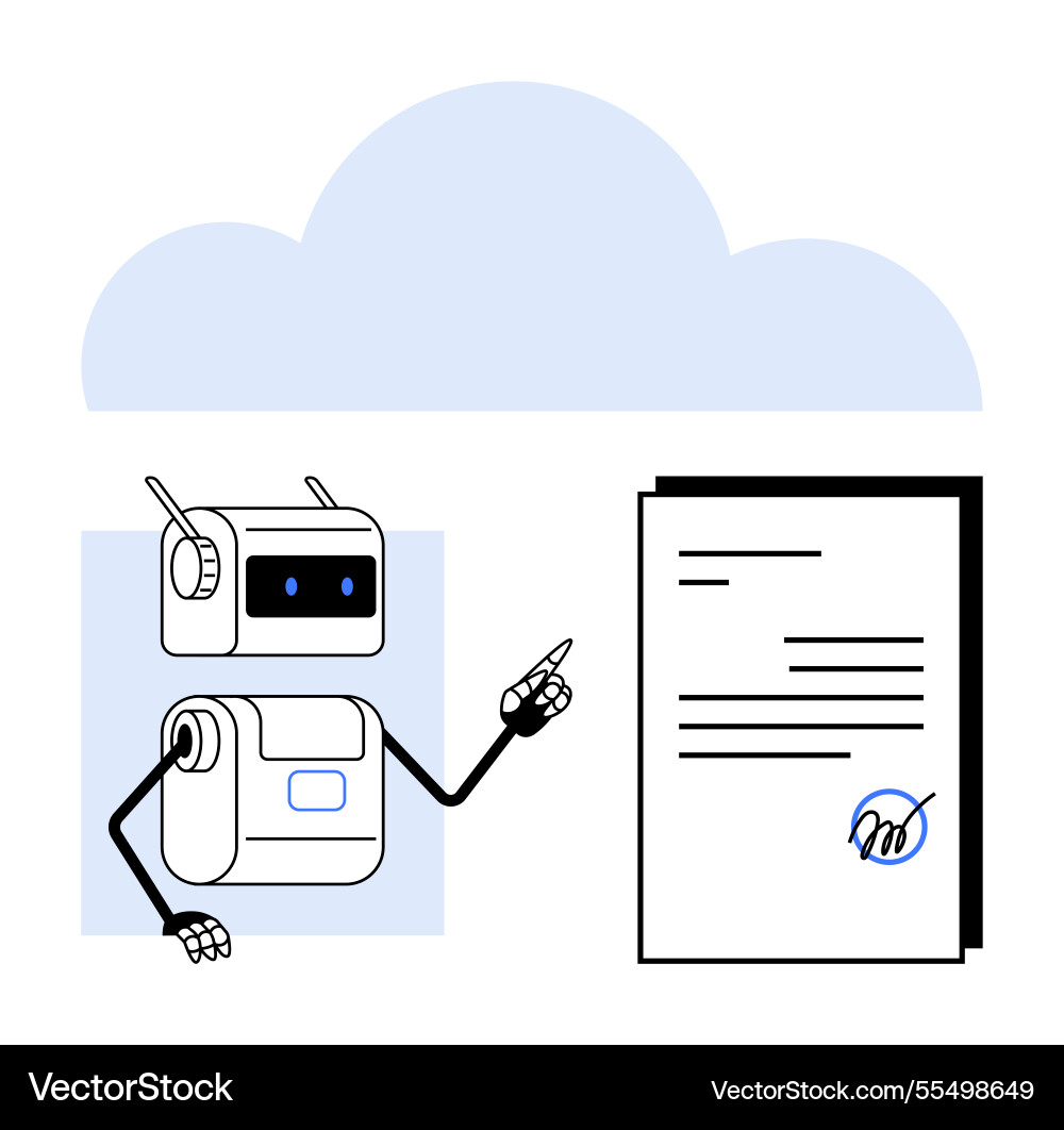Ai robot points to digitally signed document under Ai robot points to digitally signed document under vector image