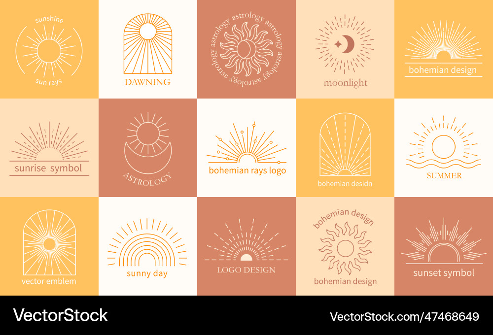 Böhmische Strahlen Abzeichen Boho Sonnenburst Motive Embleme Böhmische Strahlen Abzeichen Boho Sonnenburst Motive Embleme vektorbild