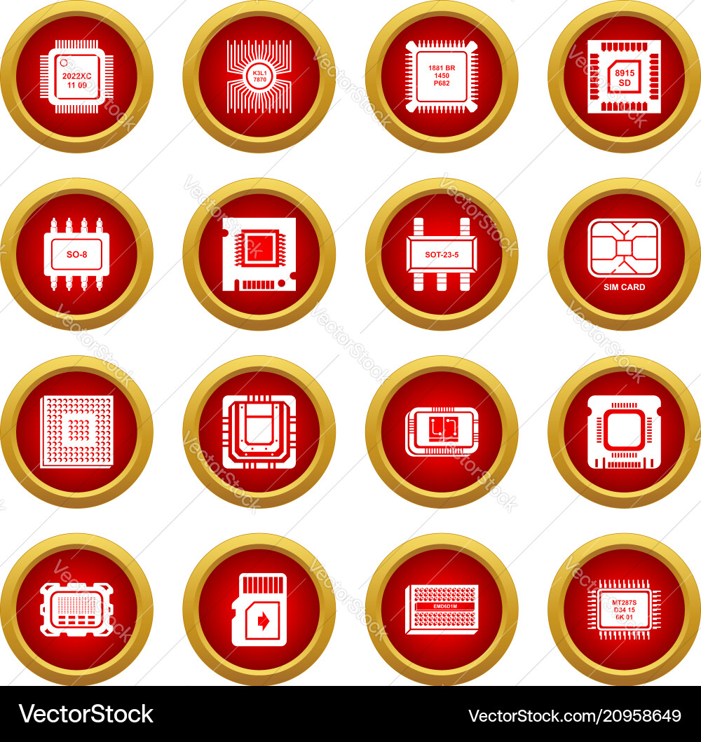Computer chips icons set simple style Computer chips icons set simple style Vector Image