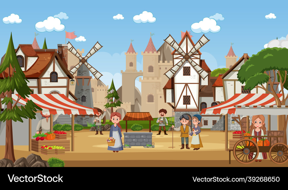 Mittelalterliche Stadtszene mit Dorfbewohnern auf dem Markt Mittelalterliche Stadtszene mit Dorfbewohnern auf dem Markt vektorbild