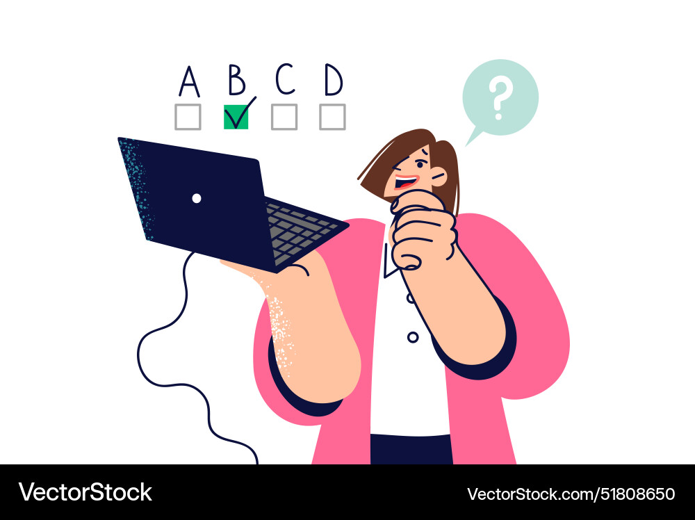 Woman thinks taking online test on laptop Woman thinks taking online test on laptop vector image