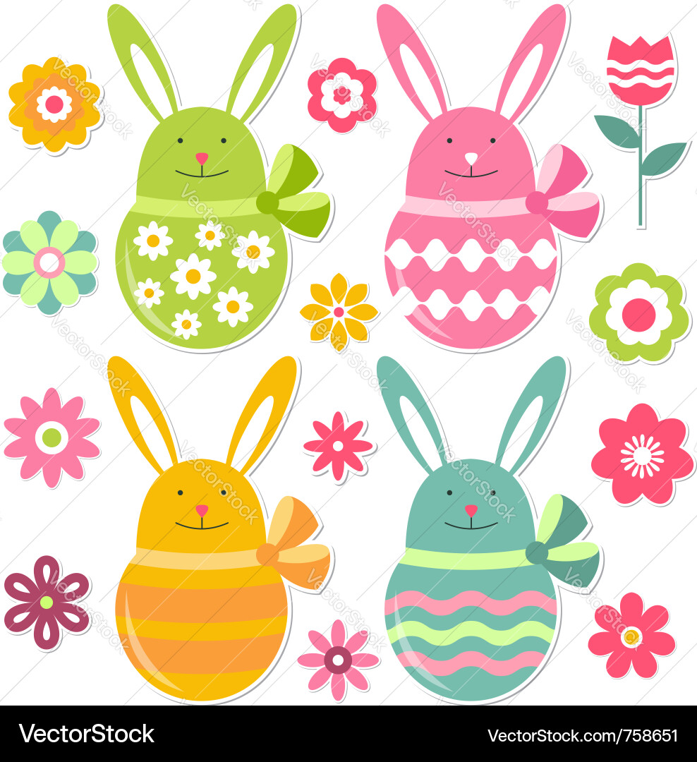 Adorable Easter Bunnies & Flowers vector image