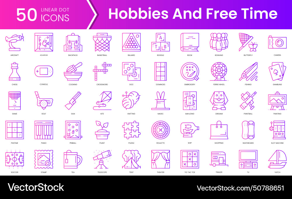 Set of hobbies and free time icons gradient style Set of hobbies and free time icons gradient style Vector Image