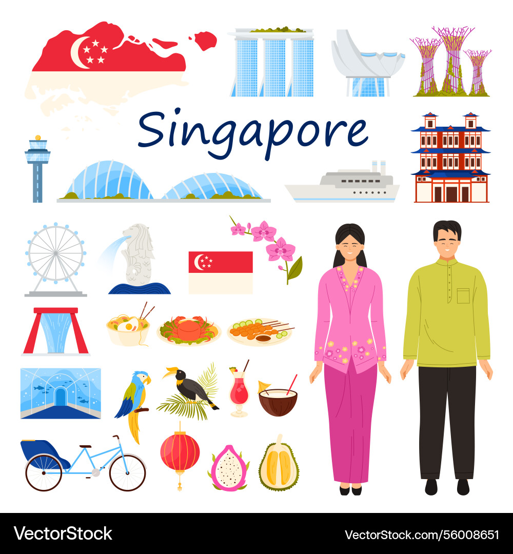 Singapore cultural and iconic symbols Singapore cultural and iconic symbols vector image