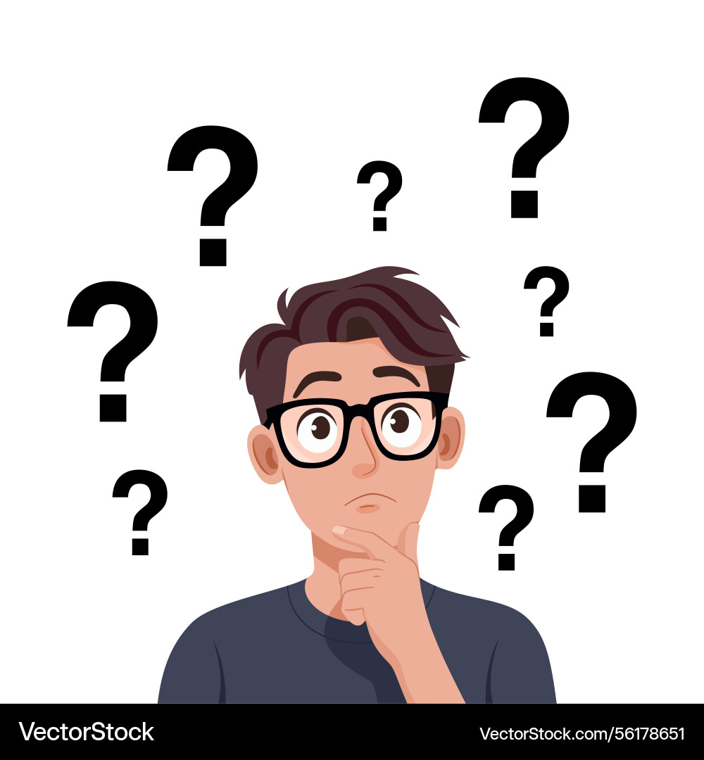 Thoughtful man with multiple question mark overhea Vector Image