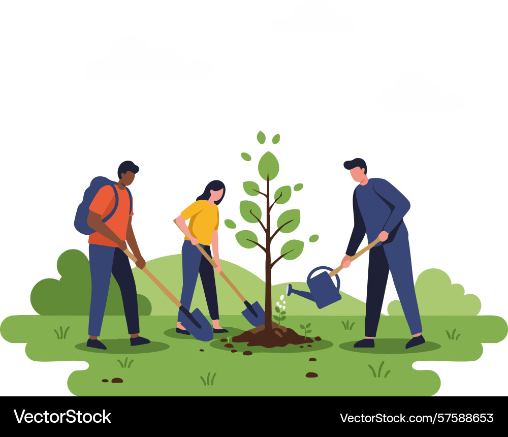 Tree planting activity with diverse group caring Tree planting activity with diverse group caring Vector Image