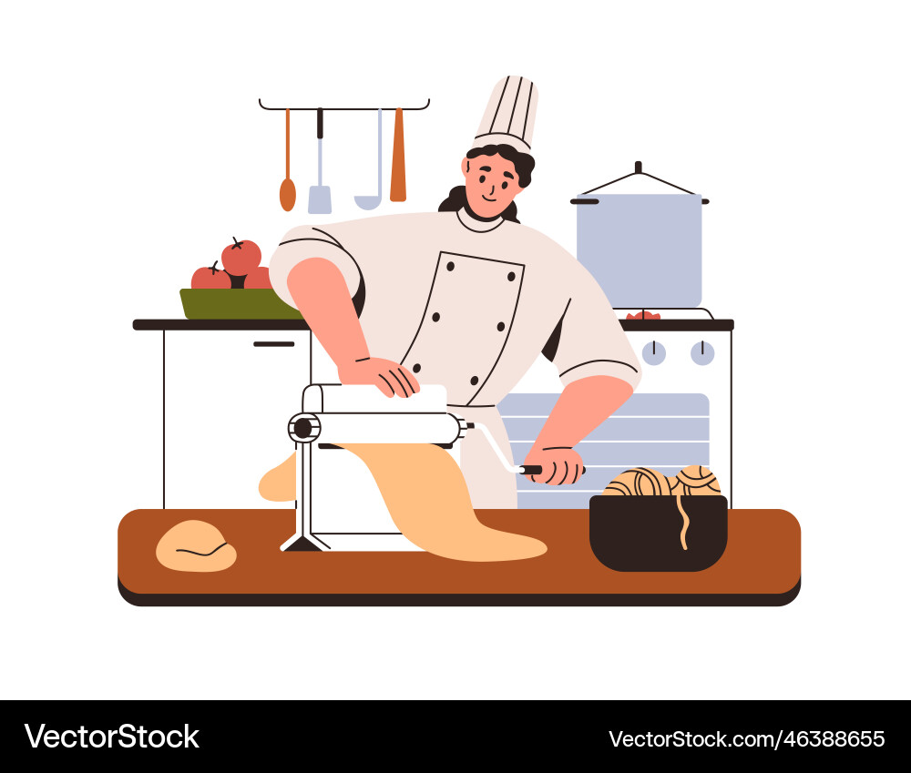 Chef makes italian pasta with roller cutter vector image