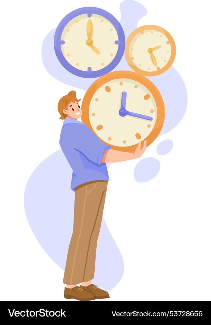 Man character carry pile of clock dial Man character carry pile of clock dial Vector Image