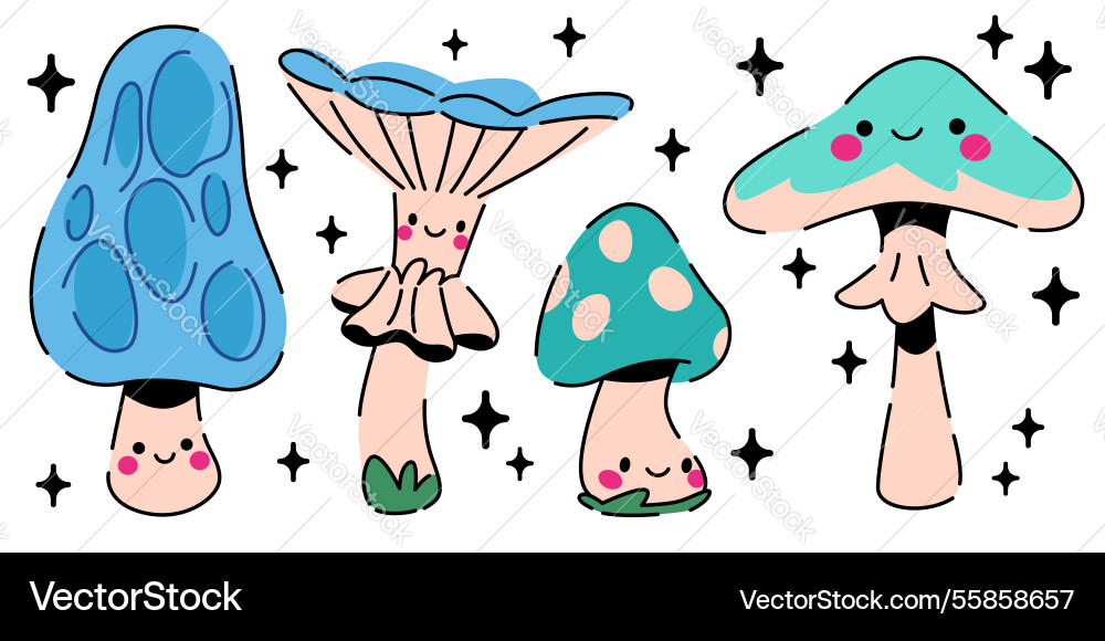 Cute kawaii mushroom characters set Cute kawaii mushroom characters set vector image