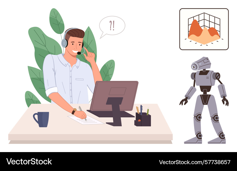 Office worker communicating via headset while Office worker communicating via headset while Vector Image