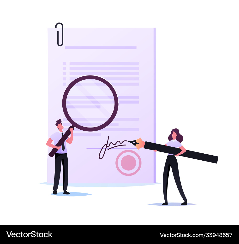 Woman Signing Document with Large Pen Royalty Free Vector