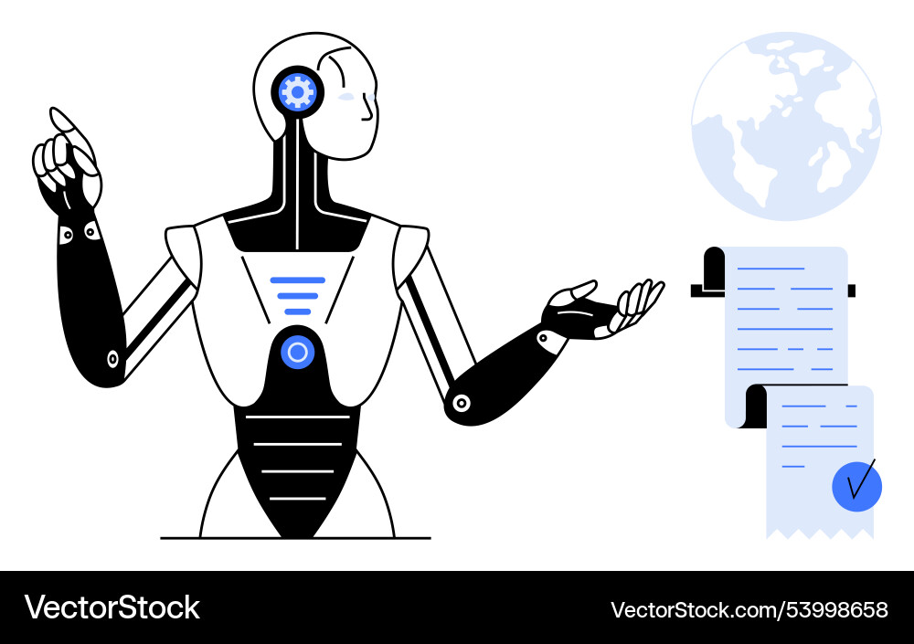 Futuristic robot analyzing data with globe vector image